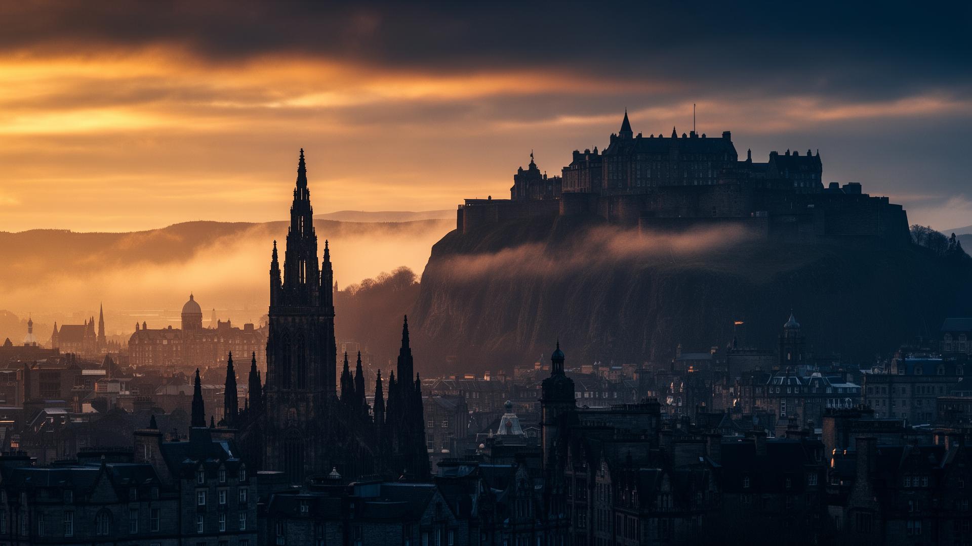 Edinburgh skyline at golden hour with the castle silhouette